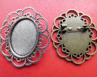 18mmx25mm Main Breast Pin Pendentif Tray, Brooch Bezel Setting, 18mmx25mm Cabochon Tray - Bronze antique, Argent antique