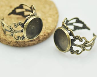 Antique Silver tone/Antique Bronze Flower Border Ring Bezel Setting, 12mm Blank Cabochon Tray - Great to Match Glass and Epoxy