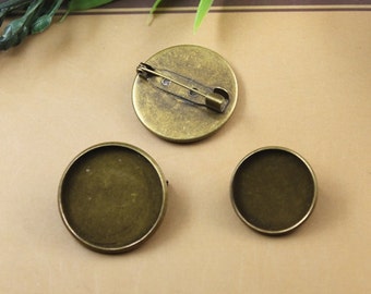 25mm Handmade Round Breast Pin Pendant Tray, Brooch Bezel Setting, 25mm  Cabochon Tray - Antique Bronze,Silver tone