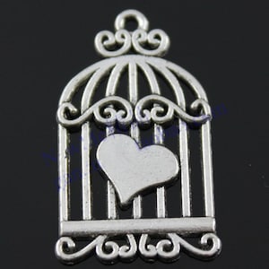 20mmx33mm  Antique Silver tone Love heart Flower Bird Cage Pendant Charm Finding