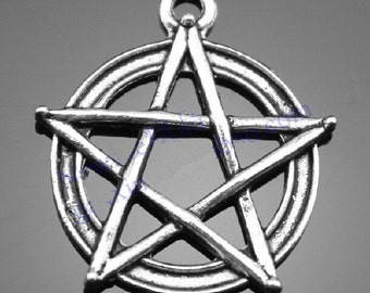 May include: Silver-toned metal pendant featuring a pentagram with a circle around it. The pentagram is a five-pointed star with a circle around it.