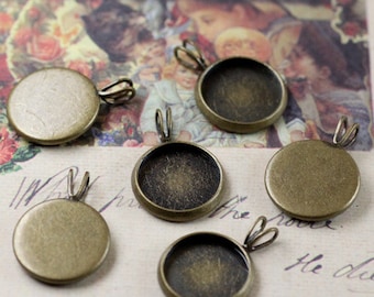 12mm Round Pendant Tray, Bezel Setting, 12mm  Cabochon Tray - Antique Bronze, Silver tone , V Bail