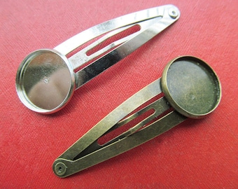 Silver tone/Antique Bronze Hair Clip Bezel Setting, 16mm Blank Cabochon Tray - Great to Match Glass and Epoxy