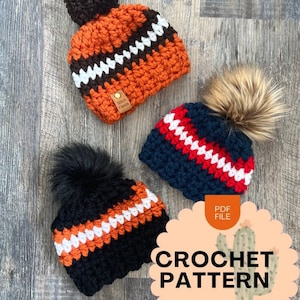 May include: Three crocheted hats with pom-poms in different color combinations. The hats are on a woodgrain background with a pink circle that says "Crochet Pattern" and "Stitch Fiesta" in a script font. The circle also has a cactus illustration. The text "PDF File" is above the circle.