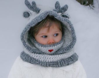 Cagoule à capuche renne MOTIF AU CROCHET, motif snood animal pour enfants, bonnet et écharpe d'hiver faciles pour les tout-petits, les enfants et les adultes I Rudy