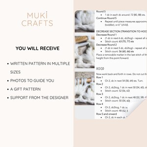 Peut inclure: Une page de patron de crochet de Muki Crafts. La page comprend des instructions pour un projet de crochet, avec des d&eacute;tails sur les rangs, les diminutions et la section du capuchon. Le texte comprend l'expression "Vous recevrez" et &eacute;num&egrave;re des fonctionnalit&eacute;s telles que plusieurs tailles et photos.