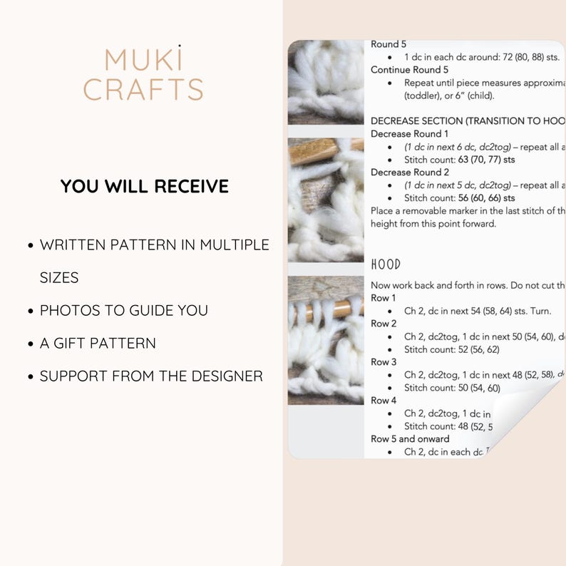 Peut inclure: Une page de patron de crochet de Muki Crafts. La page comprend des instructions pour un projet de crochet, avec des d&eacute;tails sur les rangs, les diminutions et la section du capuchon. Le texte comprend l'expression "Vous recevrez" et &eacute;num&egrave;re des fonctionnalit&eacute;s telles que plusieurs tailles et photos.