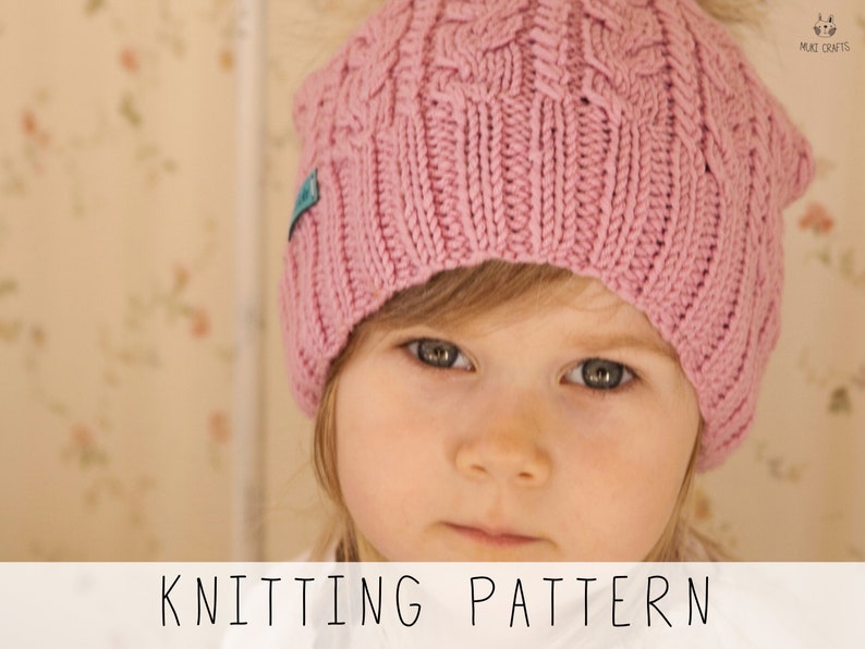 girl in pink cable hat, knitting pattern to make kids slouch beanie with cables