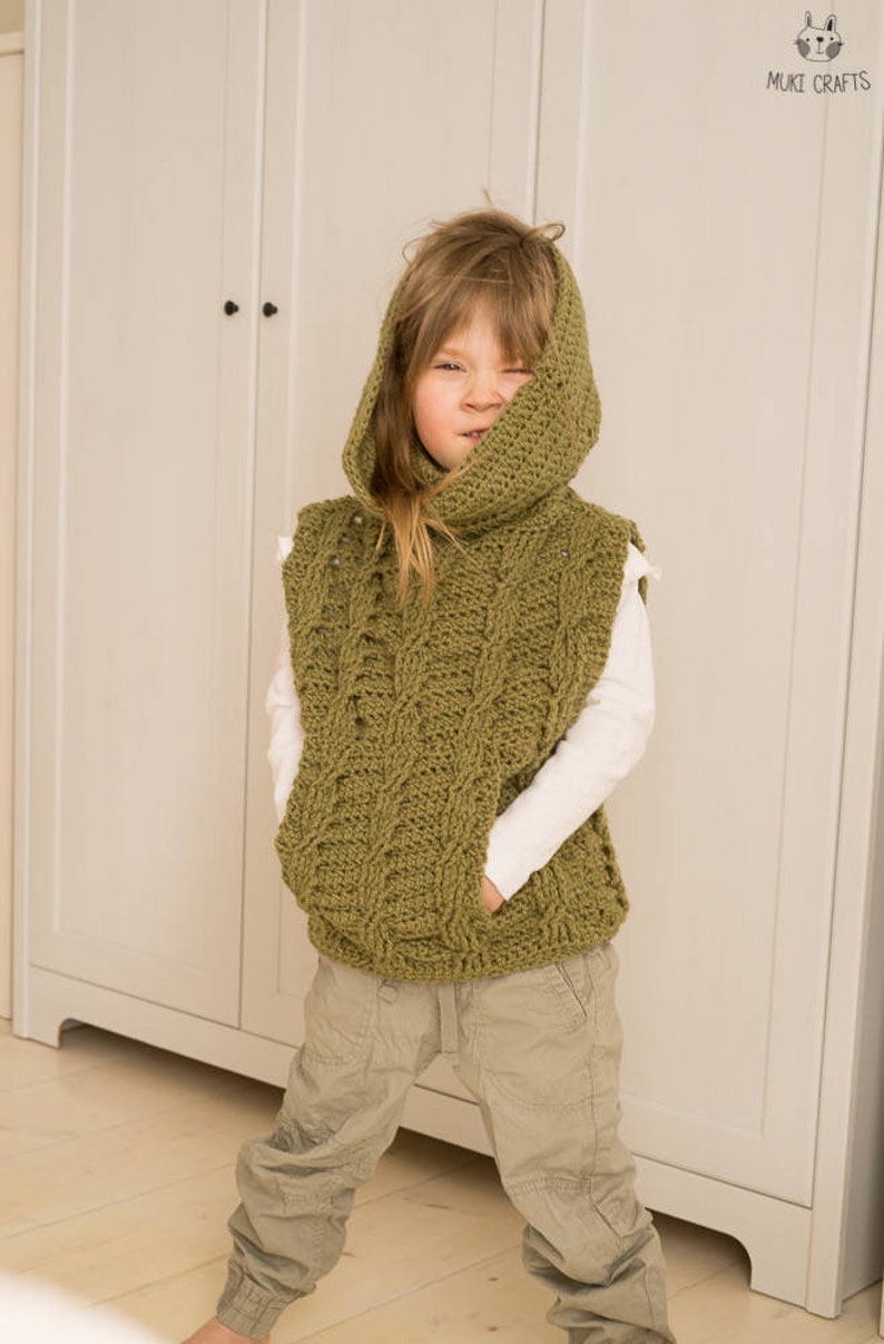 Kids CROCHET PATTERN Cable Poncho Pattern Collared Vest Crochet Oversized Toddler Poncho Easy Vest with Pocket Crochet Pattern I Cora image 3