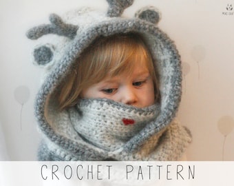 Cagoule à capuche renne MOTIF AU CROCHET, snood de Noël avec bois, motif de capuche cerf, snood DIY avec col intérieur (tailles enfants, adultes) I Rudy