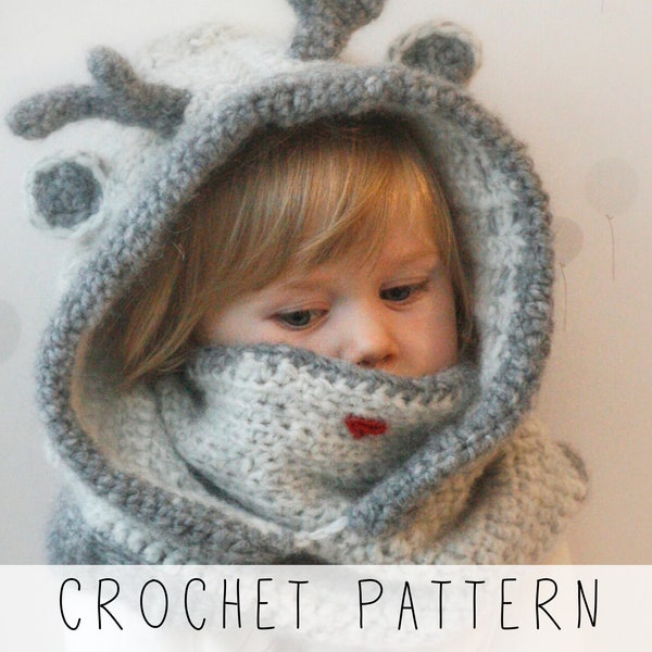 Reindeer Hooded Cowl CROCHET PATTERN Christmas snood Crochet Pattern Deer crochet pattern with Inner Cowl, Antlers, Kids Hood Crochet I Rudy