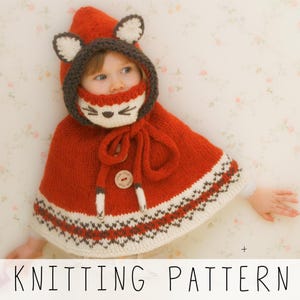 Fox Poncho KNITTING PATTERN Hooded Kids Cape Knit Pattern, Halloween Fox Costume (baby, toddler, child) with Ears and Paw Ribbon | Lexi Cape