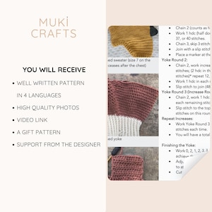 May include: A digital crochet pattern document from Muki Crafts featuring text instructions and photographs of a mustard yellow and dusty rose sweater in progress. The document includes bulleted lists detailing pattern features and step-by-step guides.