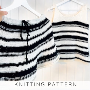 May include: A knitted two-piece set featuring black and white horizontal stripes. The set includes a pair of shorts with a drawstring and a tank top. The words "KNITTING PATTERN" are printed in black at the bottom of the image.