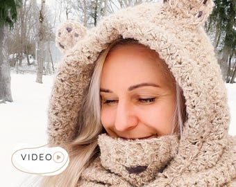 Modèle de snood ours en grosse maille au crochet avec vidéo, cagoule facile à réaliser avec oreilles, cagoule d'hiver pour femmes et enfants | Jacob