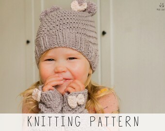 Girls Bear Beanie KNITTING PATTERN Wrist Warmers Knit Pattern, Easy Beanie Hat Pattern for Toddlers, Kids Aran Winter Hat I Twist
