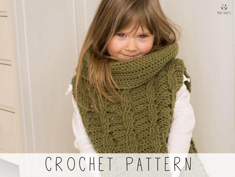 girl in green cable vest with hidden pocket and oversized collar, crochet pattern to make kids poncho