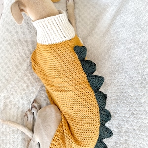 May include: A dog sweater featuring a mustard yellow body, a white ribbed turtleneck collar, and a row of dark green crocheted spikes running down the back. The garment is crafted with a textured stitch pattern and is worn by a light brown dog.