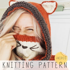 Hooded Cowl KNITTING PATTERN, Fox Hoodie Video Knit Pattern, Cozy Design with Pointed Ears and Inner Cowl I RENE Fox Hooded Cowl
