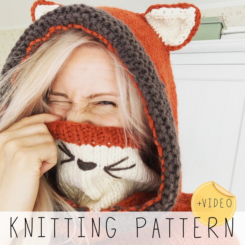 Fox hooded cowl Video KNITTING PATTERN Fox Hoodie Knit Pattern Fox Sood Knitting Pattern Toddler Hooded Cowl Knitting Pattern I Rene image 1