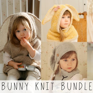 BUNNY BUNDLE: KNITTING pattern set for Bunny poncho, Rabbit hooded cowl anf Bunny hat and cowl Set (baby, kids, toddler adult sizes)