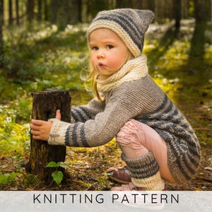 May include: A child wearing a knitted hat, scarf, sweater, and leg warmers. The hat and sweater have gray stripes. The text "KNITTING PATTERN" is at the bottom of the image.