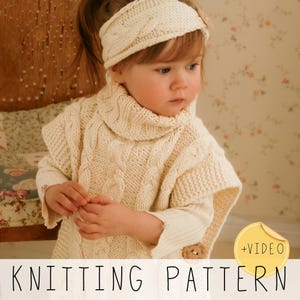 Cable Poncho KNITTING PATTERN with Headband, Flat Knit Pattern for Kids, Toddlers and Adults, Ribbed Collar, Video Included | Robyn