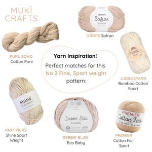 May include: An assortment of yarn skeins in various neutral colors, including beige, cream, and light brown. The image features different brands like Drops Safran, Knit Picks Shine Sport Weight, and Premier Cotton Fair Sport. Text reads "Yarn Inspiration!"