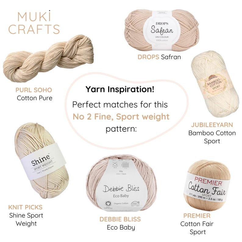 May include: An assortment of yarn skeins in various neutral colors, including beige, cream, and light brown. The image features different brands like Drops Safran, Knit Picks Shine Sport Weight, and Premier Cotton Fair Sport. Text reads "Yarn Inspiration!"