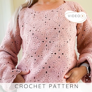 Patrón de ganchillo para suéter de cuadrados de abuela para mujer (tallas S a XXL), patrón de suéter de cuadrados de abuela a ganchillo con instrucciones en video I Hazel
