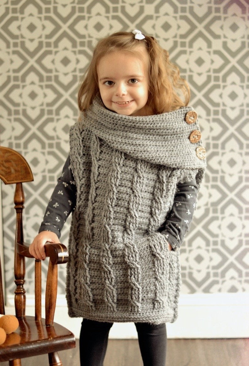 Kids CROCHET PATTERN Cable Poncho Pattern Collared Vest Crochet Oversized Toddler Poncho Easy Vest with Pocket Crochet Pattern I Cora image 4