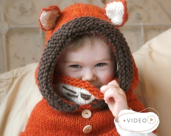Fox Hooded Cowl KNITTING PATTERN Kids Snood Knit Pattern (baby, toddler, child, women's size), Easy Beginner Knit with Video I RENE