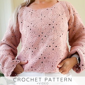 WZÓR NA SZYDEŁKO NA Sweter Babciny Kwadrat dla Kobiet (rozmiary od S do XXL), Wzór na sweter Babciny Kwadrat z instrukcją wideo I Hazel