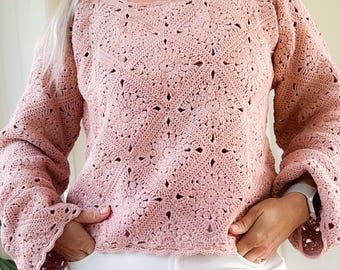 Granny Square Sweater CROCHET PATTERN for Women (size S to XXL), Crochet Granny Square Pullover Pattern with Video Instructions I Hazel