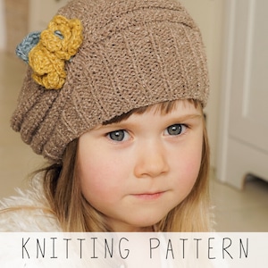 Girls Slouch Beanie KNITTING PATTERN Kids Beanie Knit Pattern with Slouch and Flowers, Slouchy Hat Pattern, Girls Toque Knit Pattern I Mila