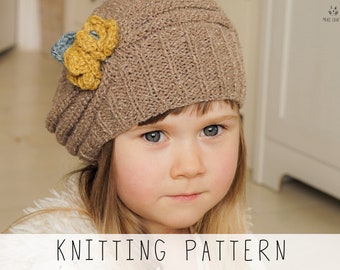 Girls Slouch Beanie KNITTING PATTERN Kids Beanie Knit Pattern with Slouch and Flowers, Slouchy Hat Pattern, Girls Toque Knit Pattern I Mila