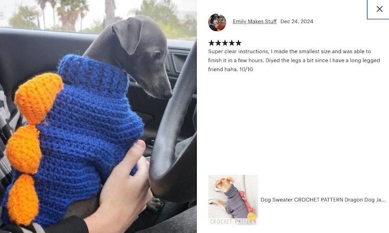 May include: A blue crocheted dog sweater featuring a high ribbed collar and a row of three bright orange, textured, triangular spikes running down the back. The garment is worn by a small, grey, short-haired dog sitting inside a vehicle.