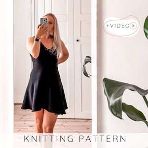 Könnte beinhalten: Ein schwarzes V-Ausschnitt-Kleid mit ausgestelltem Rock. Das Kleid wird von einer Person getragen, die ein Telefon vor einem Spiegel hält. Der Text "KNITTING PATTERN" befindet sich am unteren Rand des Bildes. Ein Videosymbol befindet sich in der oberen rechten Ecke.