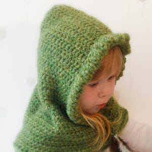 Peut inclure: Un capuchon vert crochet&eacute; avec un bord &agrave; volants et un accent de plumes. Le capuchon est d'une nuance de vert vif et semble &ecirc;tre fait &agrave; la main. Le capuchon est con&ccedil;u pour &ecirc;tre port&eacute;, probablement comme un costume ou un accessoire.