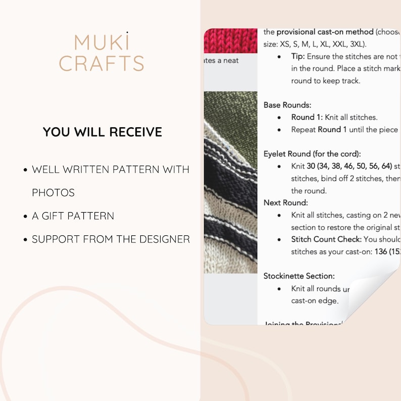 May include: Image of a knitting pattern from Muki Crafts. The text reads "You will receive: Well written pattern with photos, A gift pattern, Support from the designer." Instructions include base rounds, eyelet round, and stockinette section.