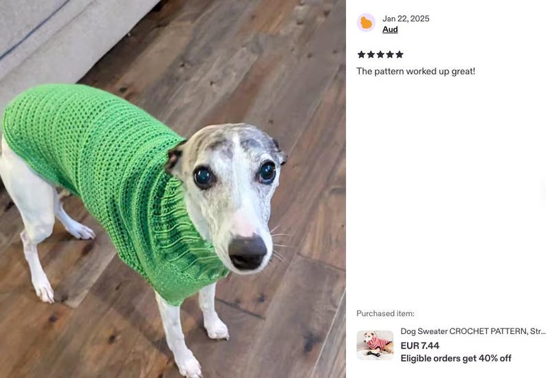 May include: A dog wearing a bright green crocheted sweater. The dog is a light grey and white color with dark eyes and a black nose. The dog is standing on a wooden floor. Text on the right says "The pattern worked up great!"