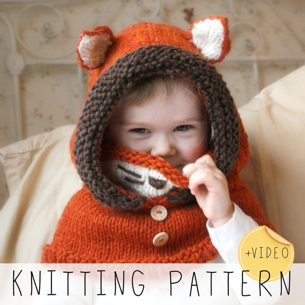 Fox hood KNITTING PATTERN Kids Hooded Cowl Knit Pattern Fox Snood Video Knit pattern Animal Hoodie Knitting Pattern Toddler Fox Hood I RENE