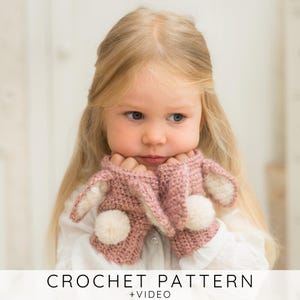 Bunny Wrist Warmers CROCHET PATTERN Fingerless Gloves, Rabbit Mitts with Floppy Ears and Pom-Pom Tail (toddler, kids, women sizes) I Lola