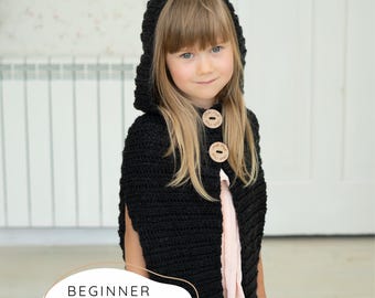 Beginner Hooded Cape CROCHET PATTERN, Easy Poncho Crochet Pattern for Kids, Cozy Aran Cloak with Hood I HUNTER Poncho