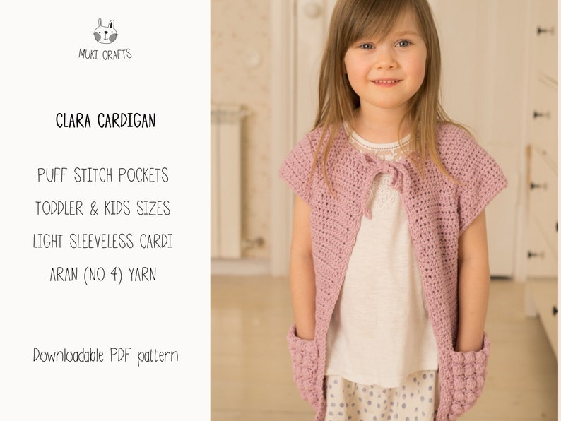 Sleeveless Cardigan CROCHET PATTERN Vest with Pockets and Puff Stitch Girls Jacket Pattern Girls Cardigan Easy Crochet Pattern I Clara image 2