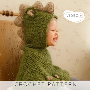 May include: A green and tan crochet dinosaur costume for a baby. The costume features a hood with a dinosaur head and spikes down the back. The text "CROCHET PATTERN" is at the bottom of the image.