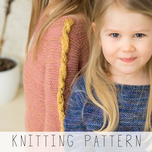 Kids Cable Sweater KNITTING PATTERN, Girls Pullover Knit Pattern, Garter Stitch Sweater, Raglan Jumper for Kids (toddler to 12-y-o) I Sini