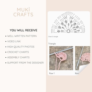 May include: A crochet pattern image with the text "MUKI CRAFTS". The image includes a crochet chart, photos of crochet work in progress, and a list of what the buyer will receive, including a well-written pattern, video link, and crochet charts.