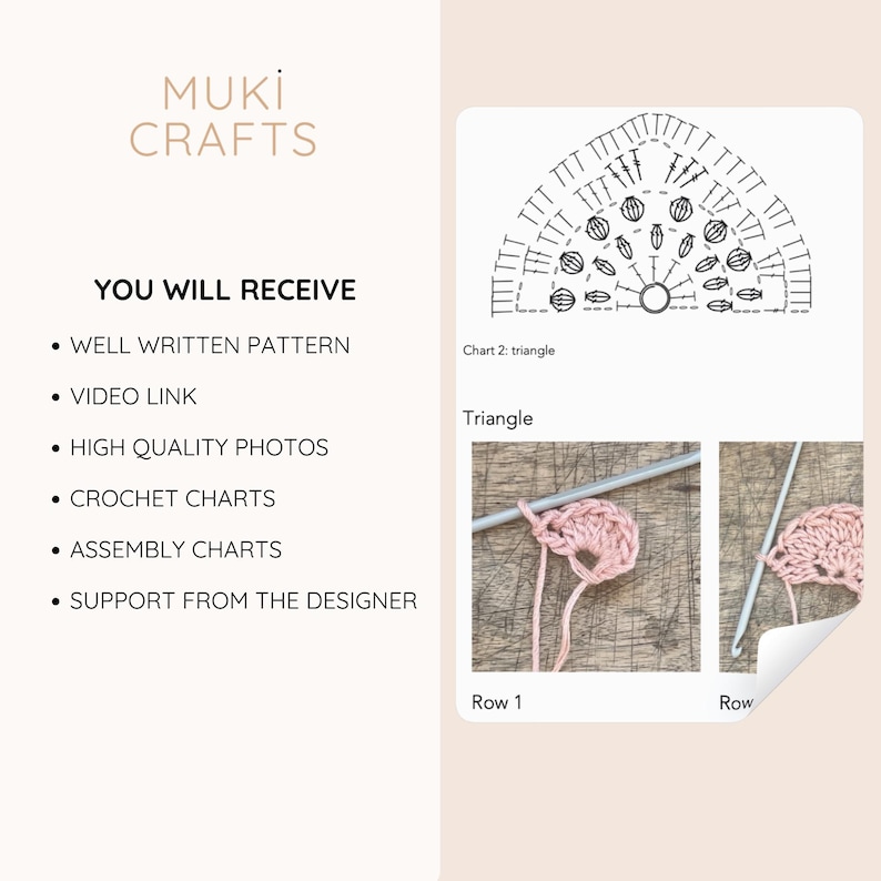 May include: A crochet pattern image with the text "MUKI CRAFTS". The image includes a crochet chart, photos of crochet work in progress, and a list of what the buyer will receive, including a well-written pattern, video link, and crochet charts.