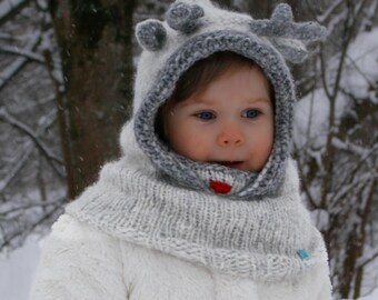 Reindeer Hooded Cowl KNITTING PATTERN, Animal Hoodie Scarf Knit Pattern for Kids and Adults, Winter Chunky Snood I RUDOLPH Balaclava